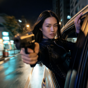 Une femme asiatique de 25 ans aux cheveux châtain foncé, portant une combinaison en cuir. Éclairage nocturne, peau texturée, fond ville de nuit. Portrait Ultra‑détaillé portrait photographique en gros plan, visage d'une femme adulte de 25 ans, peau avec texture réaliste, pores visibles, micro‑imperfections naturelles, subtil dégradé lumineux sur les joues et le front, maquillage léger afin de masquer légèrement les imperfections éclairage doux et flatteur, reflets naturels. Yeux extrêmement détaillés, iris nets, reflets brillants, cils fins et très piqués, Elle tient un revolver à la main et se penche par la vitre d'une voiture en mouvement.