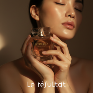 Gros plan : une femme tient délicatement un flacon de parfum près de son visage, les yeux clos, plongée dans un moment de pur bonheur. La caméra effectue un lent zoom avant pour souligner l'élégance du flacon et son teint radieux, baigné d'une douce lumière chaude. Elle dit : « J'adore Slydelux l'Eau de Parfum. »